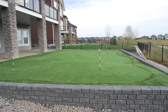 Huntsville residential backyard putting green grass near modern home with golf flags