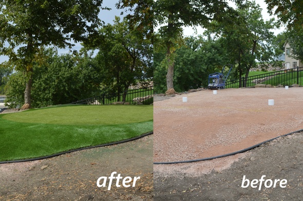 Huntsville backyard putting green before and after